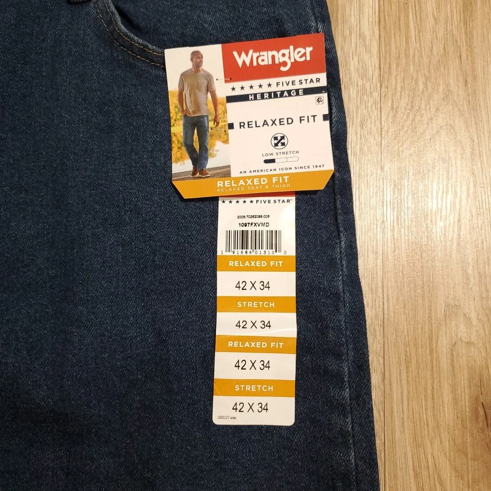 Wrangler Five Star Heritage Relaxed Fit Jeans Men 42x34 Blue Denim 1097FXVMD NEW